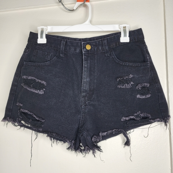 SHEIN High Waist Ripped Raw Trim Denim Shorts - Picture 2 of 11